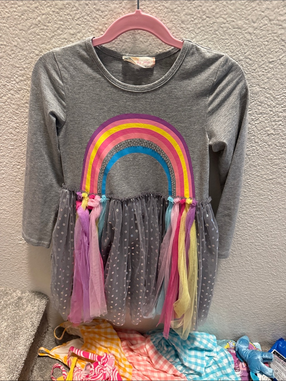 Truly Me Gray Long-Sleeve Top with Rainbow and Tulle